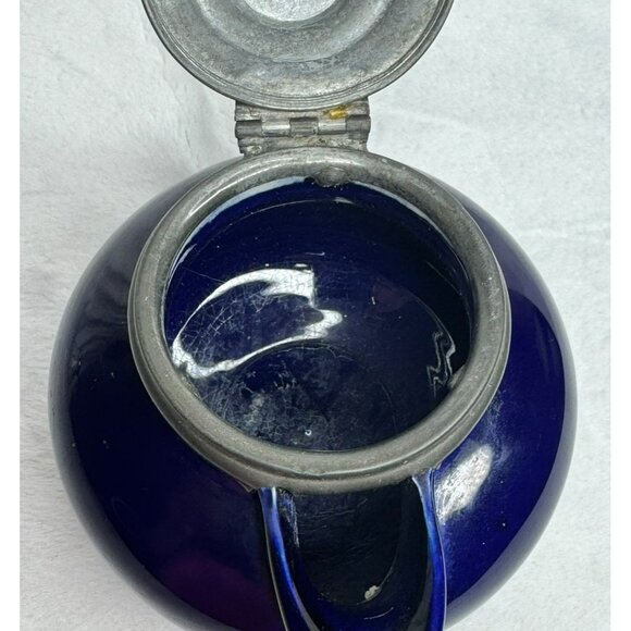 Antique Blue Porcelain Creamer With Pewter Hinged Lid & Handle - Picture 13 of 13